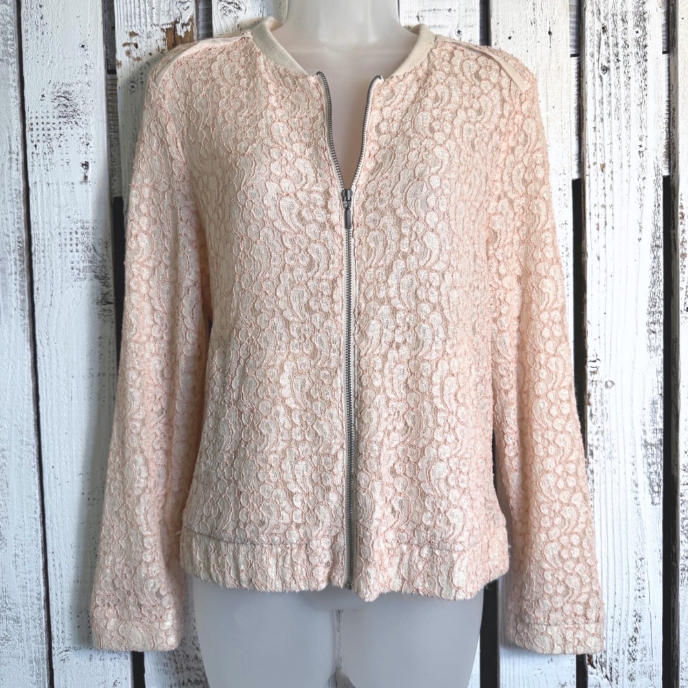 LC Lauren Conrad Pink Floral Lace Full Zip Bomber Jacket Womens 14 Romantic Boho